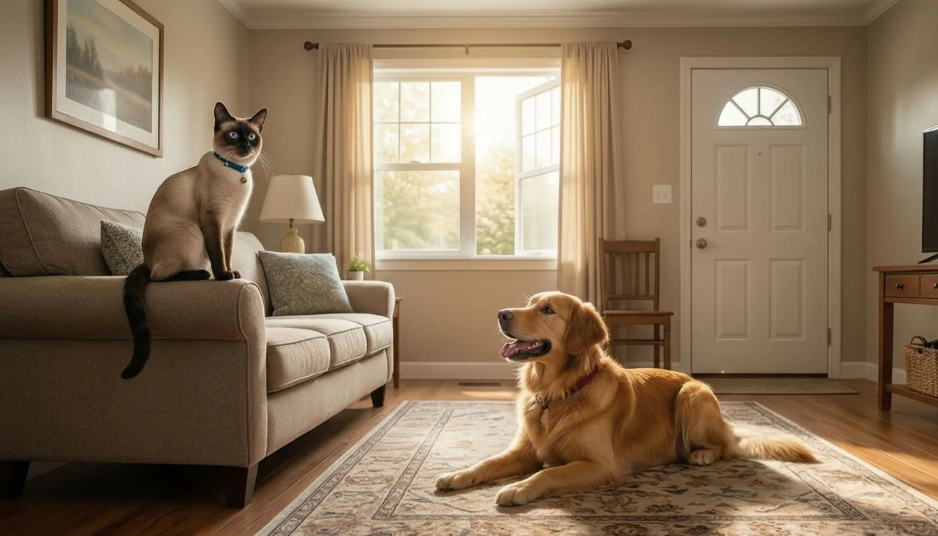 A cat and a dog are alone at home. Made a mess before owner returns. Owner retur
