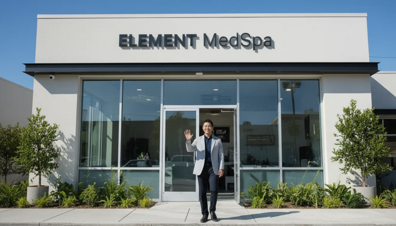 A modern, clean, and minimalistic MedSpa exterior with soft, warm lighting and a