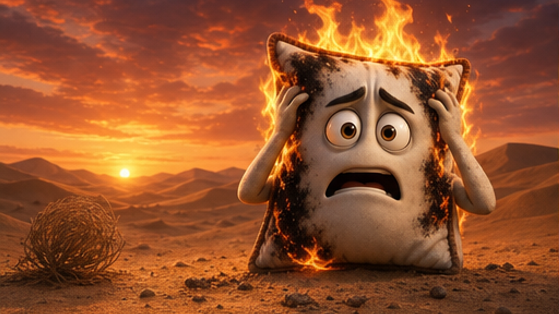 Burning Pillow Character Cartoon Fire Flames Desert landscape at sunset Cartoon