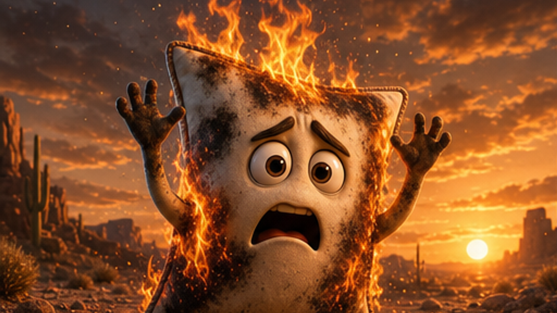 Burning Pillow Character Cartoon Flames Desert Sunset Landscape Cartoon Blue Liz