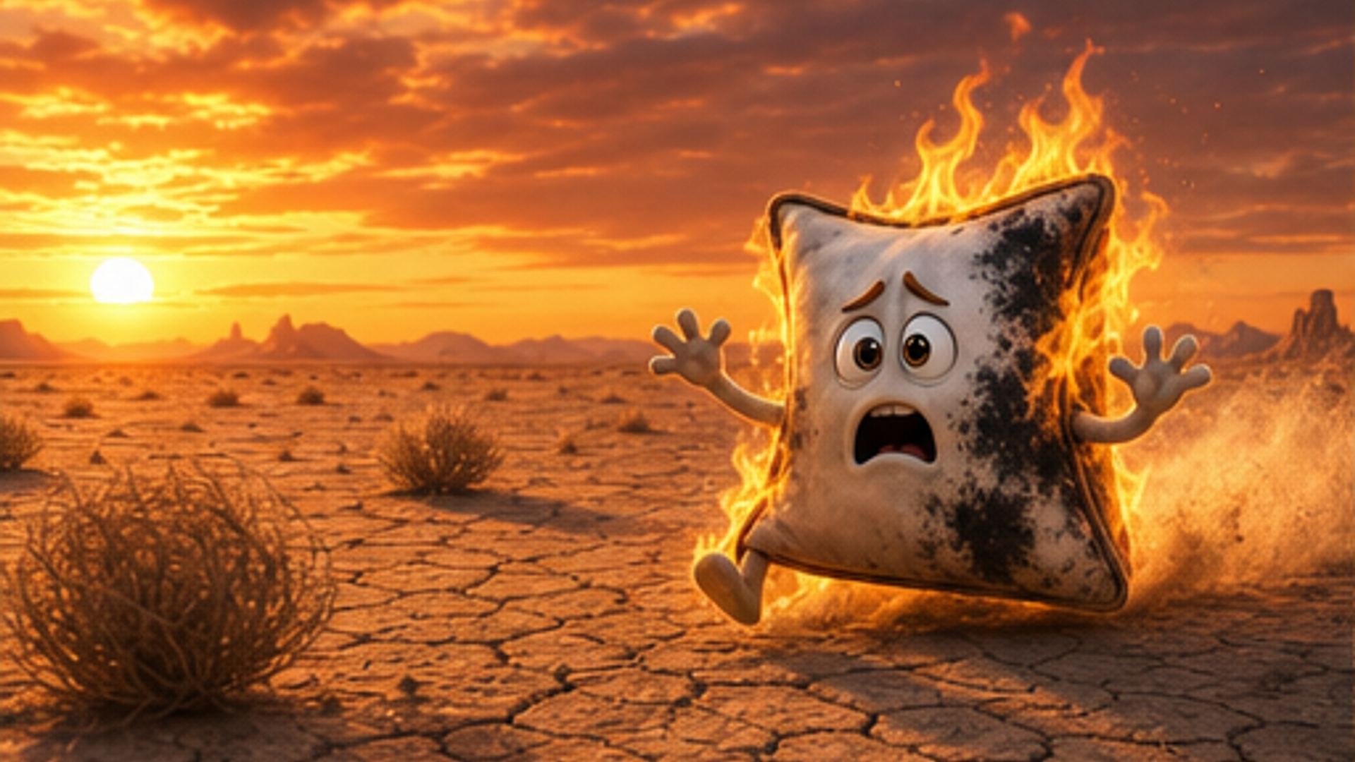 Burning Pillow Character is on Cartoon Fire and running on desert in a
Desert