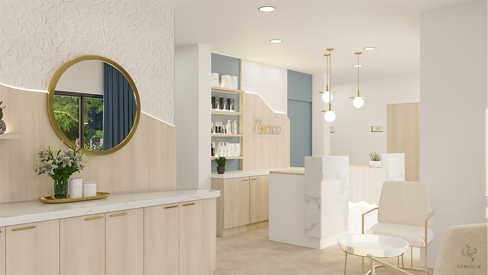 A modern, clean, and minimalistic MedSpa interior with soft, warm lighting and a